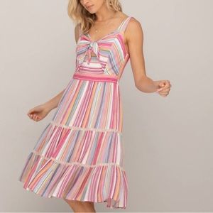 Miss me multicolored tiered tie neck halter top dress rainbow bow vacation out